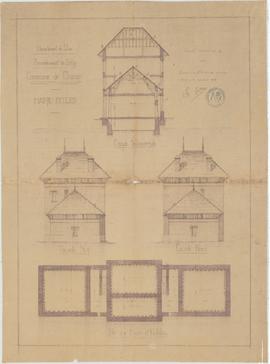Plan des façades et coupes pour la construction de la mairie-école, vue 01.