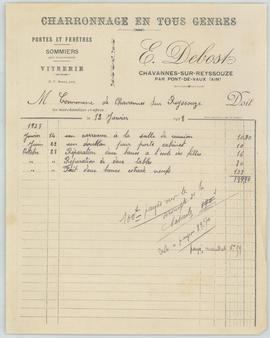Facture d’E. Debost, entrepreneur de charronnage à Chavannes-sur-Reyssouze, vue 01.