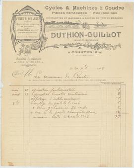 Facture de l'entreprise Duthion-Guillot, forgeron-mécanicien de Courtes, vue 01.