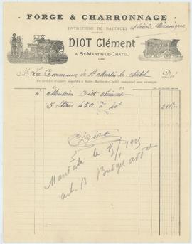 Facture de Clément Diot - forge et charronage, entrepreneur de Saint-Martin-le-Châtel, vue 01.