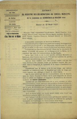 Serrières-de-Briord 1O4 - Pont métallique sur le Rhône, projet: extrait du registre des délibérat...